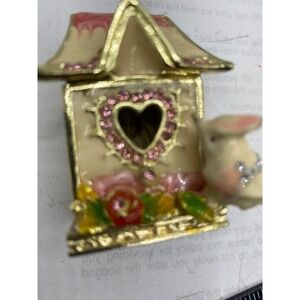 VTG Style Enamel Birdhouse Trinket Box Pink Heart Rhinestone Bird Collectible
